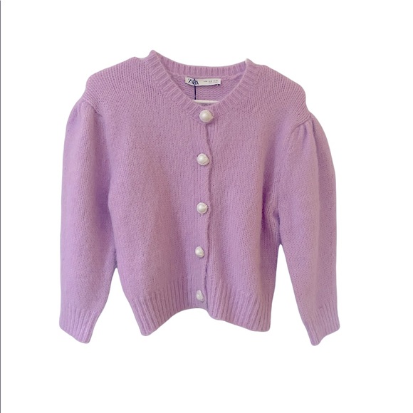 Zara Sweaters - Zara Lavender Puff-Sleeve Pearl Button Cardigan